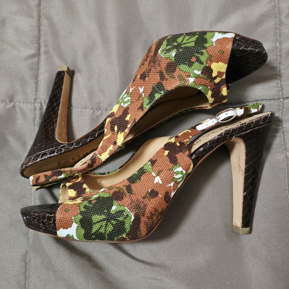 Bettye Muller Open Toe Slingback Heels Black Brown Yellow Green Floral Camo